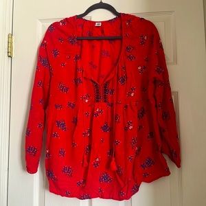 Red and Blue Floral Yoke Neck Top